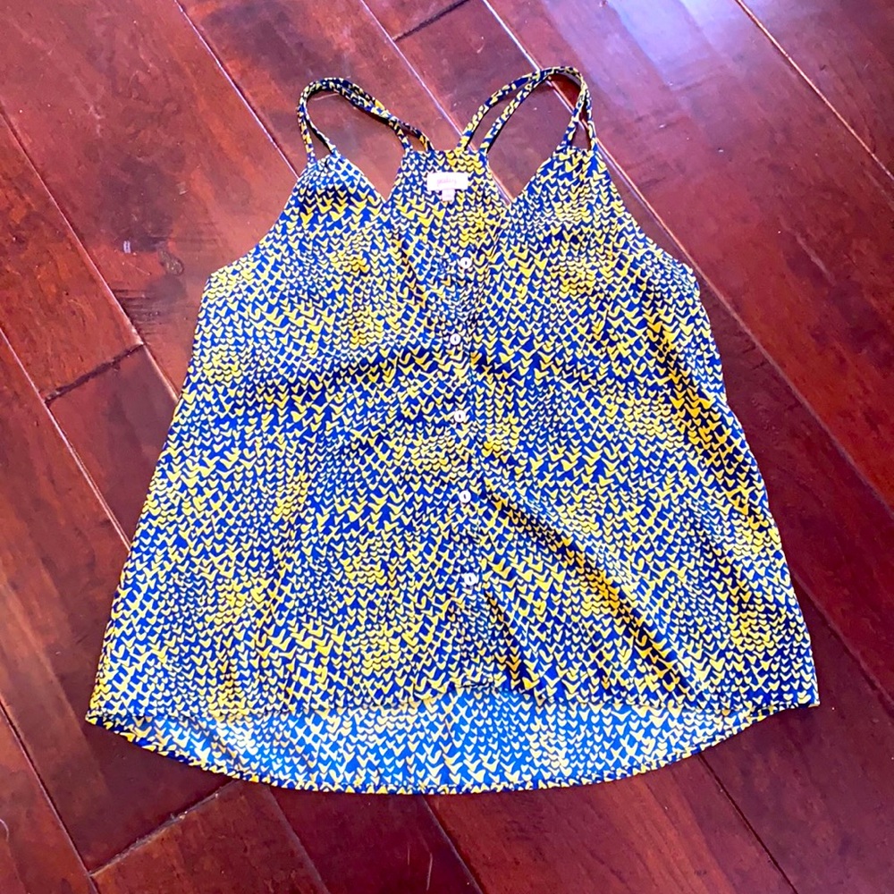 Pixley double strap spaghetti tank with buttons in royal blue and yellow pattern